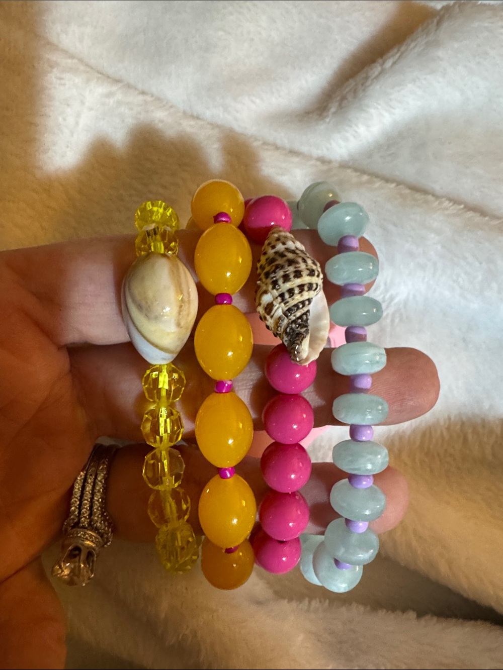 Colorful Bead and Shell Stretch Bracelet Set - Yellow, Pink, Light Blue